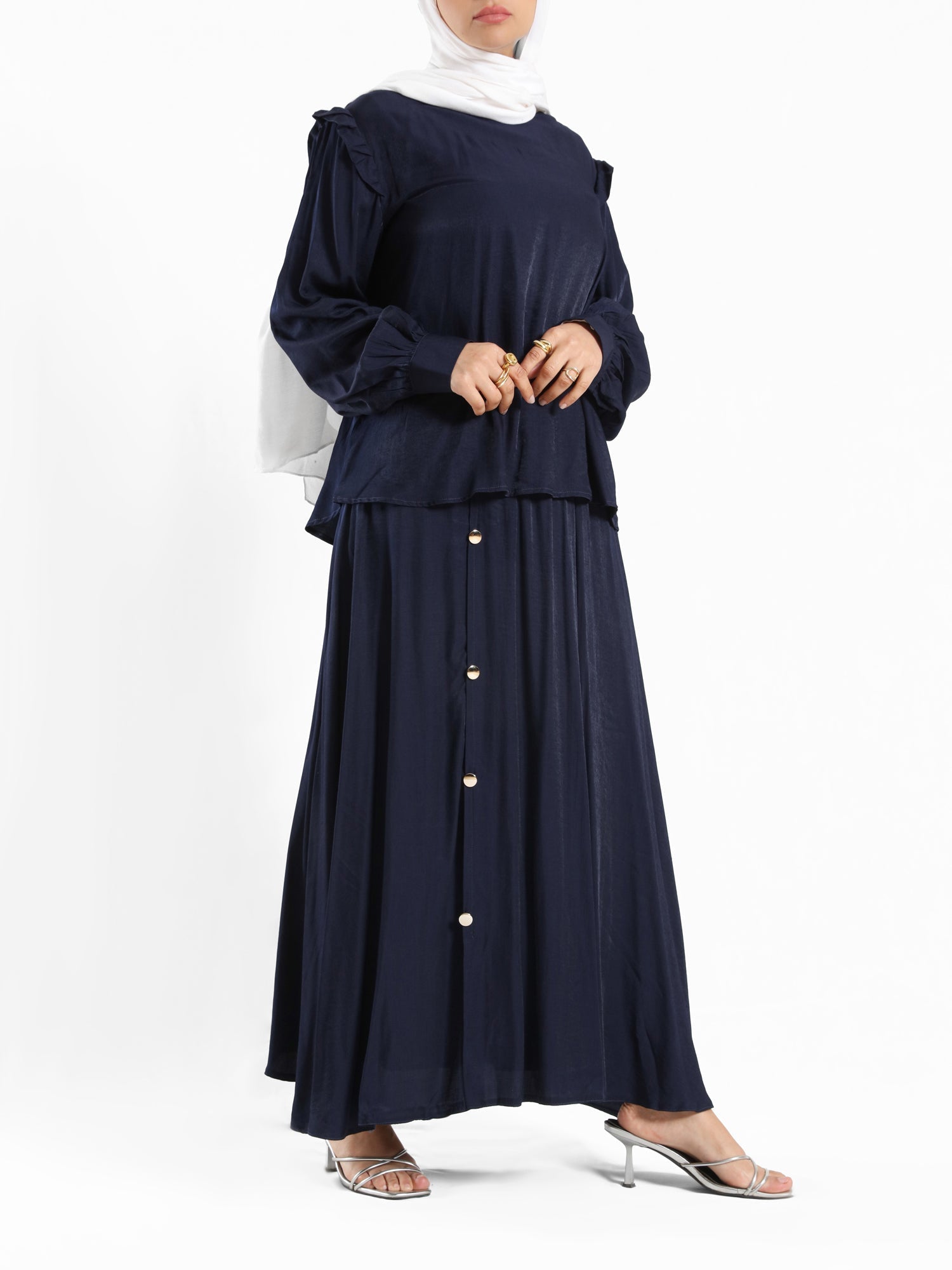 A-Line Elegance Set in samba silk blend with button blouse and skirt, a modest summer outfit in navy, white, or beige