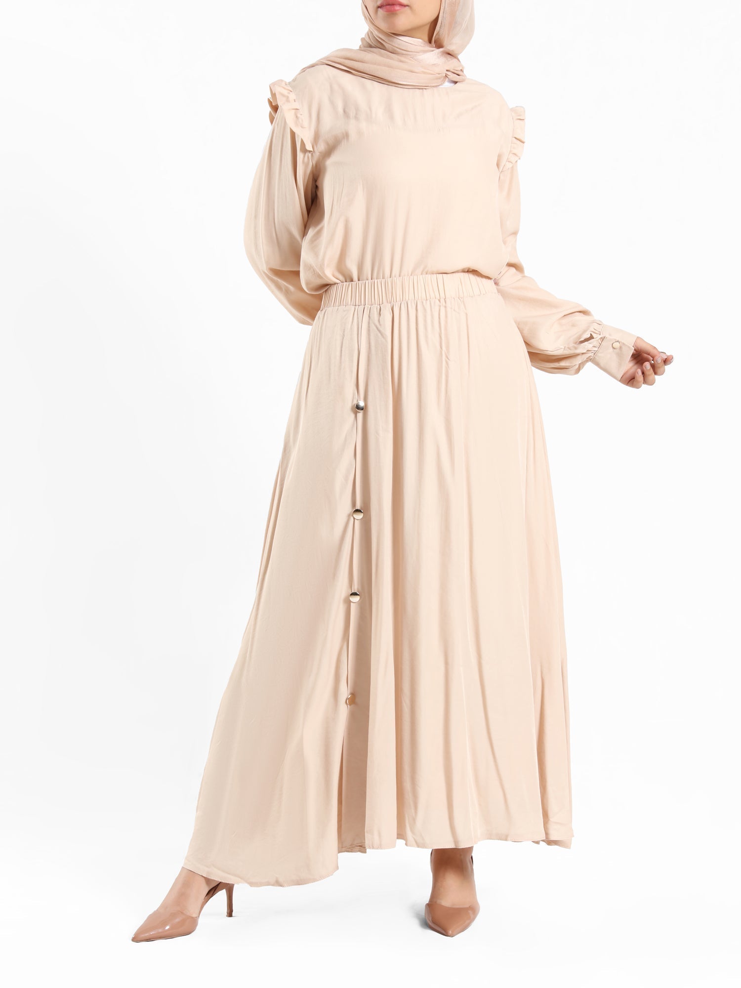 A-Line Elegance Set in samba silk blend with button blouse and skirt, a modest summer outfit in navy, white, or beige