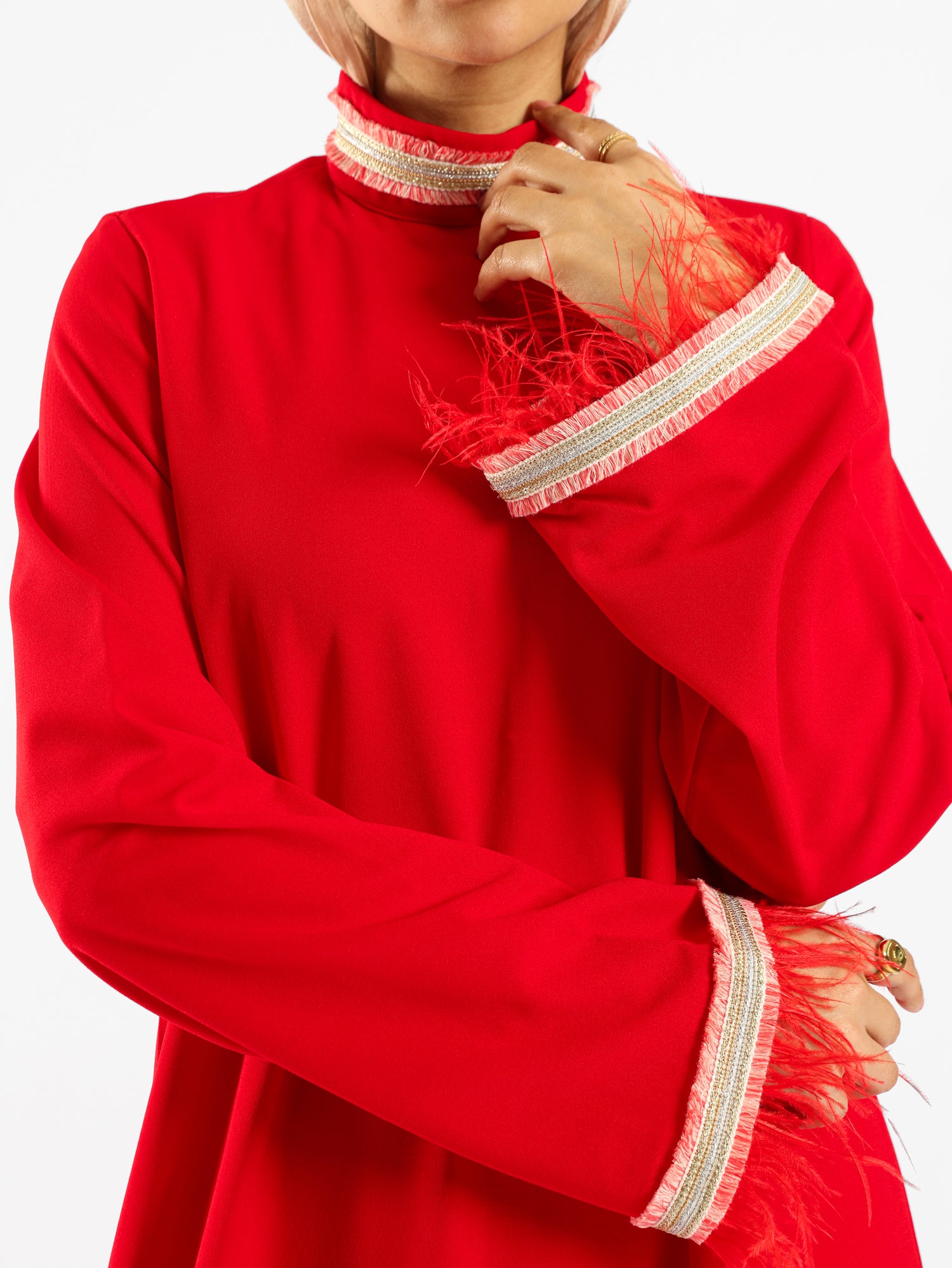 Elegant Fur Dress in 100% Turkish cotton, a luxurious modest kaftan in red or baby blue for elevated summer occasions