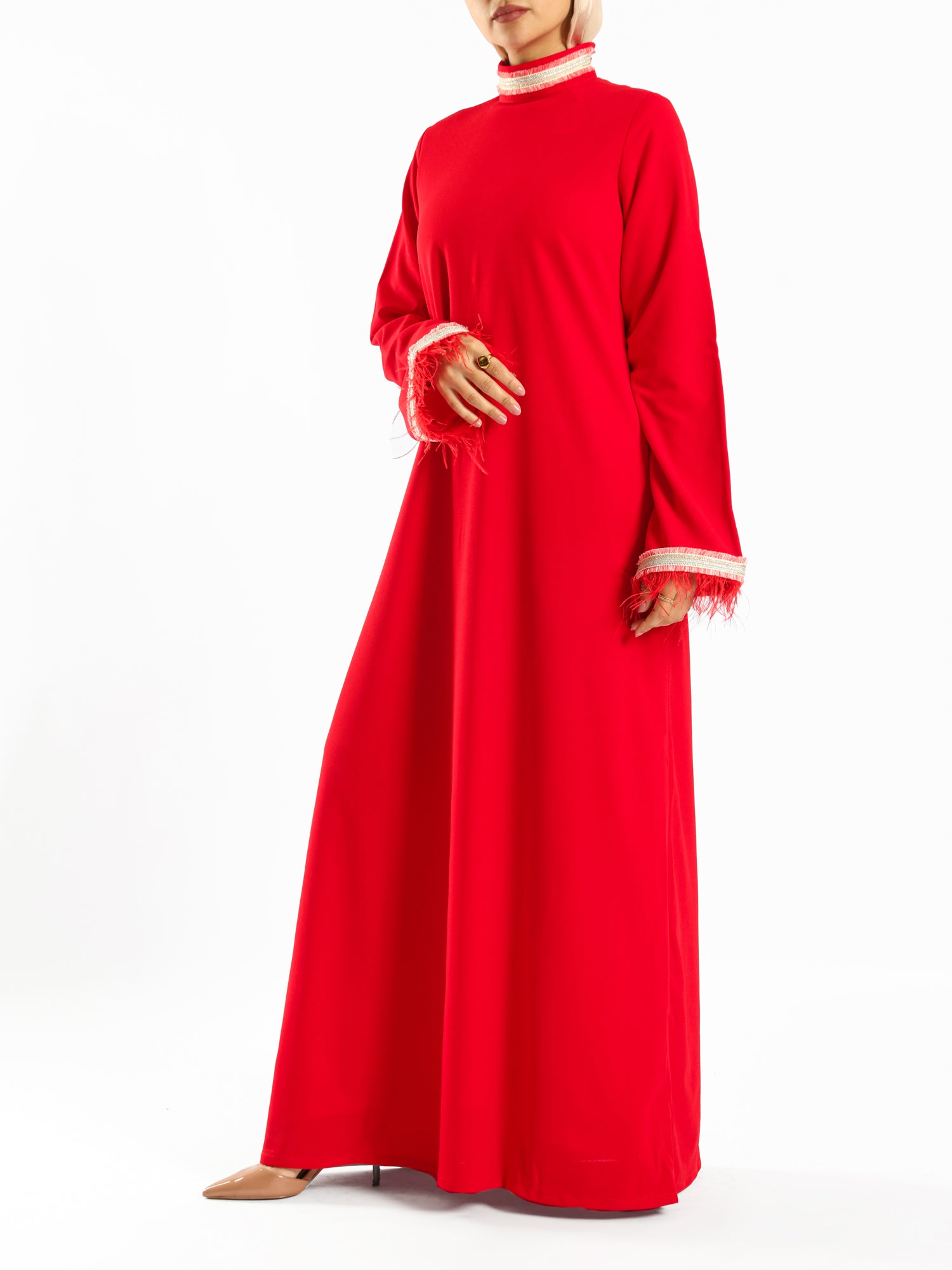 Elegant Fur Dress in 100% Turkish cotton, a luxurious modest kaftan in red or baby blue for elevated summer occasions