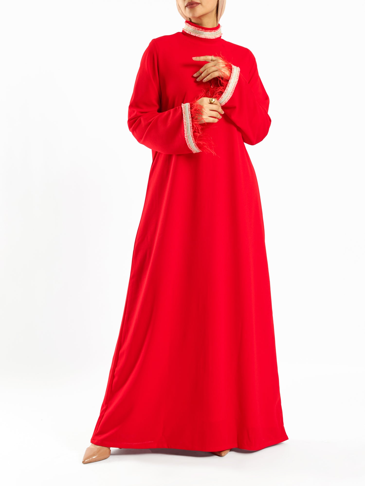 Elegant Fur Dress in 100% Turkish cotton, a luxurious modest kaftan in red or baby blue for elevated summer occasions