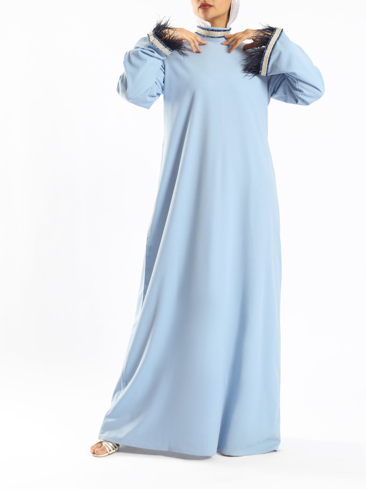 Elegant Fur Dress in 100% Turkish cotton, a luxurious modest kaftan in red or baby blue for elevated summer occasions