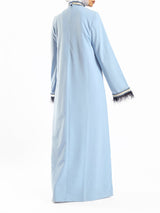 Elegant Fur Dress in 100% Turkish cotton, a luxurious modest kaftan in red or baby blue for elevated summer occasions