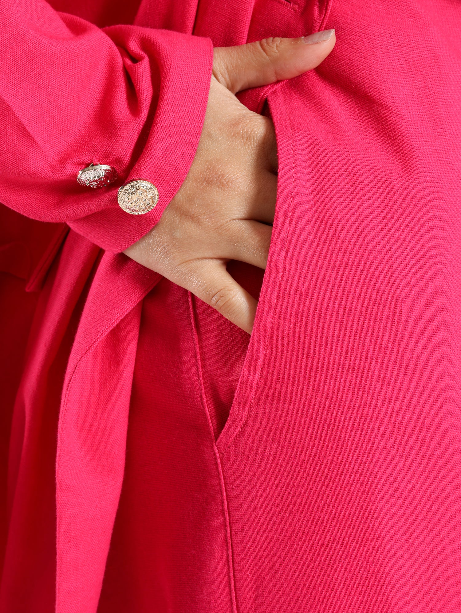 Executive Bloom Linen Set in 100% linen featuring tailored pants and long kaftan—modest sophistication in pink or beige for work and formal events