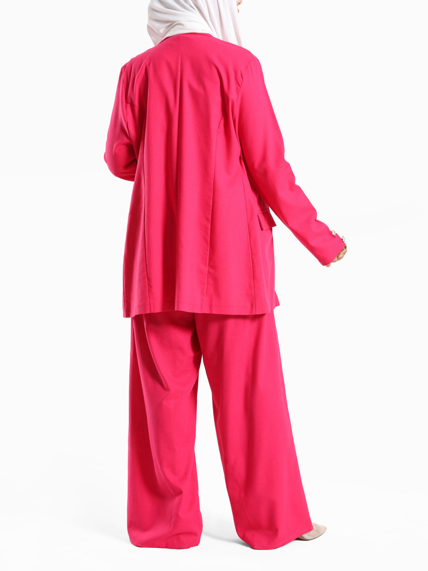 Executive Bloom Linen Set in 100% linen featuring tailored pants and long kaftan—modest sophistication in pink or beige for work and formal events