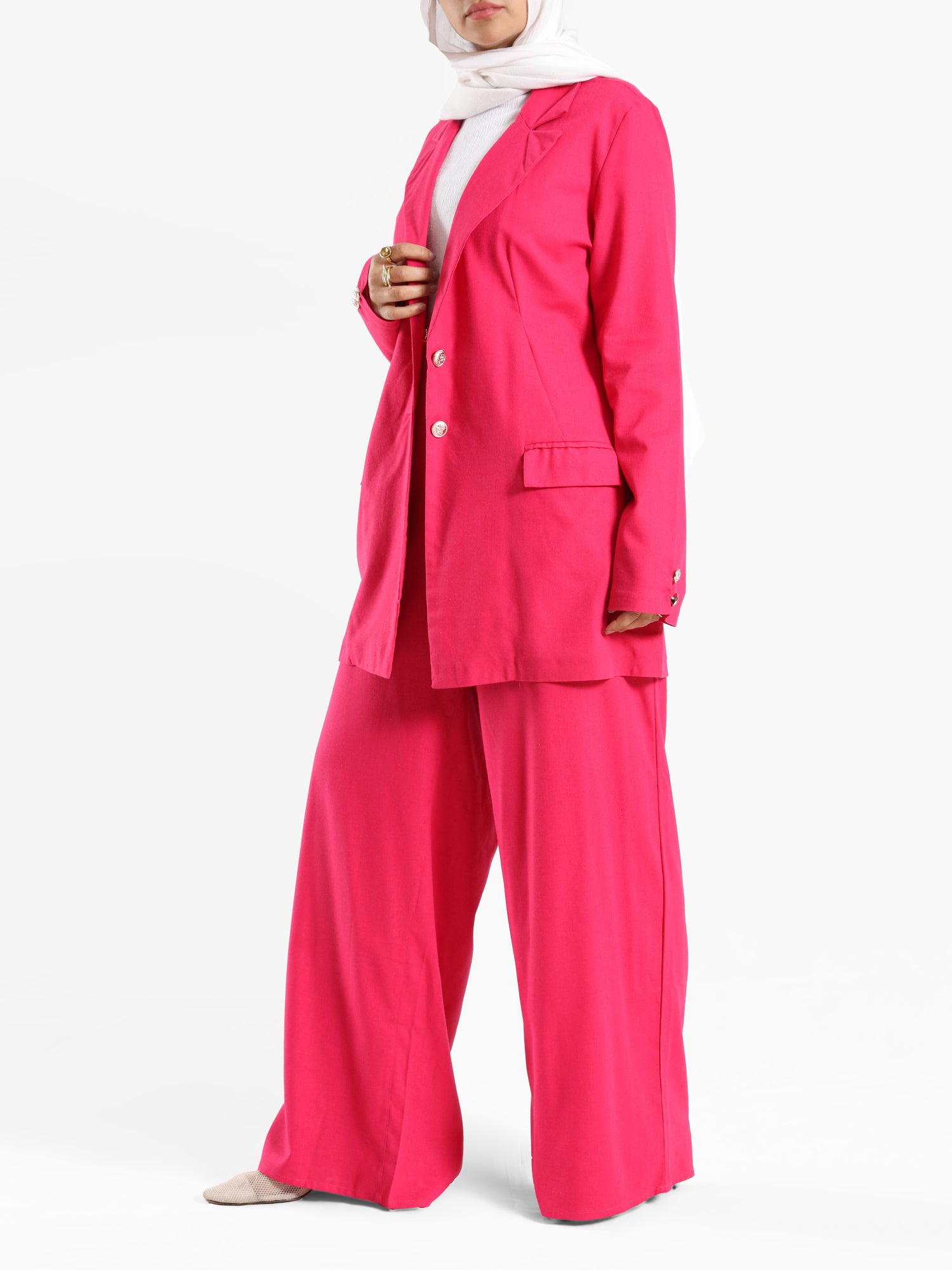 Executive Bloom Linen Set in 100% linen featuring tailored pants and long kaftan—modest sophistication in pink or beige for work and formal events