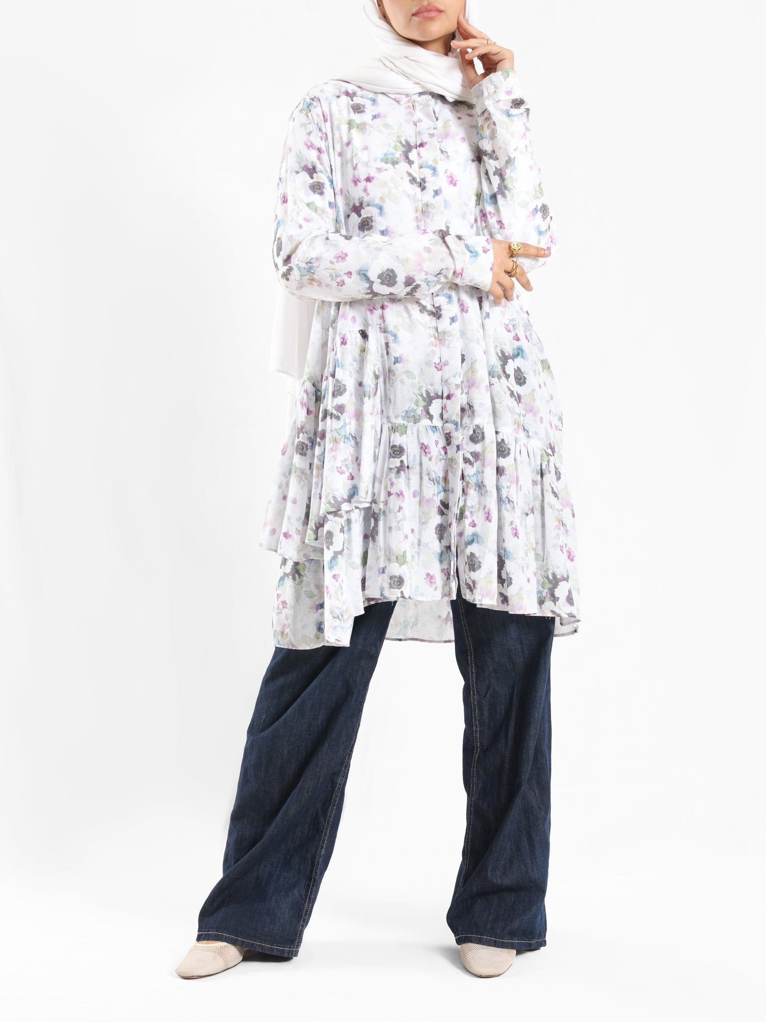 Floral Ruffle Shirt in voile fabric with modest ruffle design, available in white, purple, and yellow for summer wear