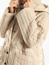 Long waterproof puffer coat with quilted texture and full coverage, ideal for modest winter wear in navy, beige, or grey