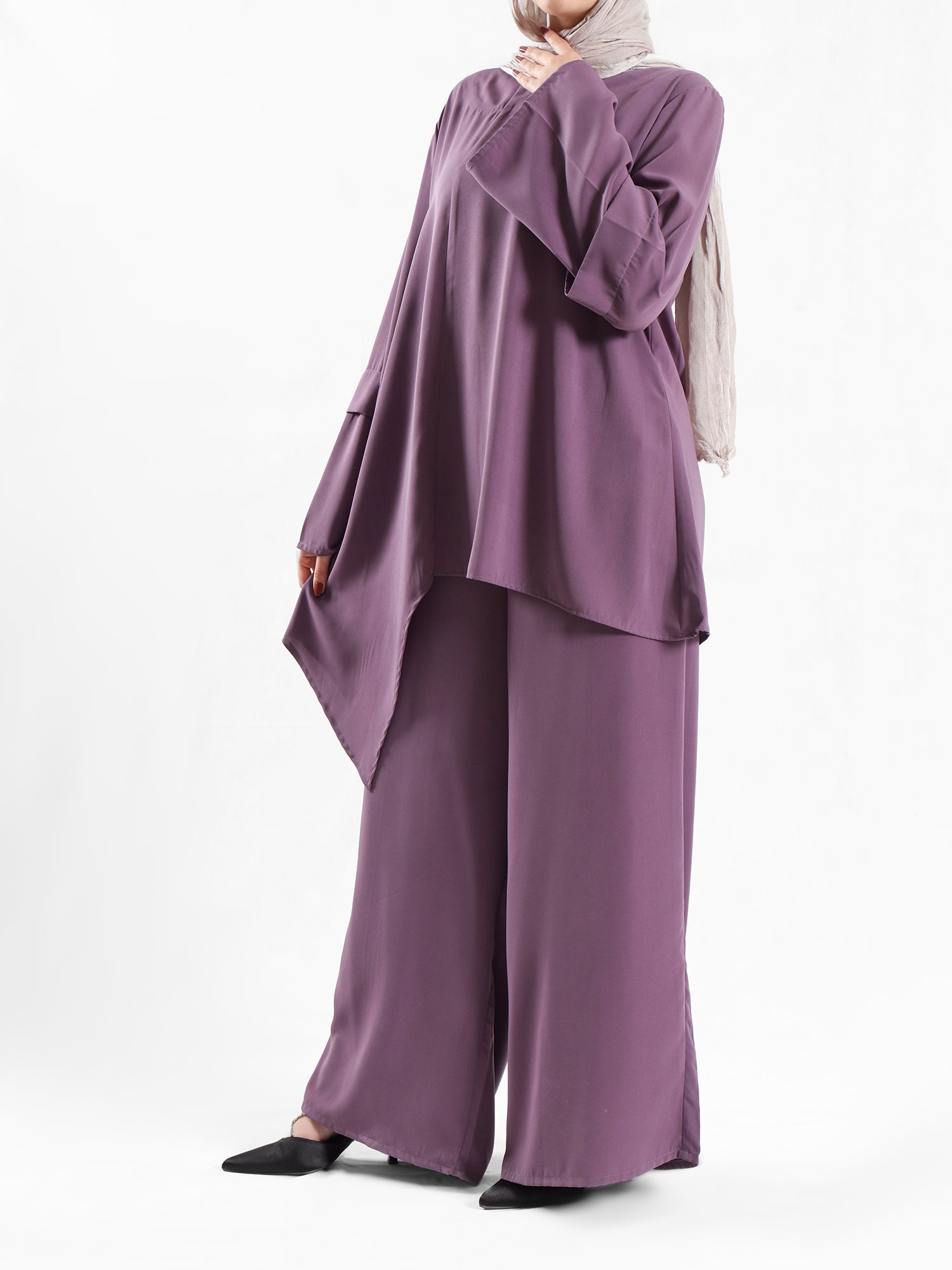 New Dawn Breeze Set in royal crepe blend with wide-leg pants, a lightweight and chic modest outfit for Eid or casual summer wear