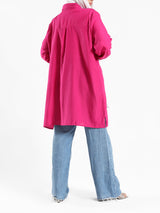Petal Pocket Blouse in linen blend with front pockets, a relaxed-fit modest top in baby blue, mauve, or white for summer wear