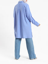 Petal Pocket Blouse in linen blend with front pockets, a relaxed-fit modest top in baby blue, mauve, or white for summer wear